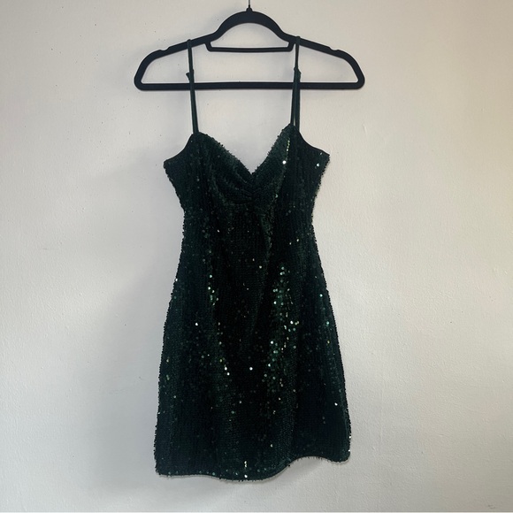 Zara Basic Dark Green Emerald Sequin Mini Dress Size Small - Picture 3 of 10